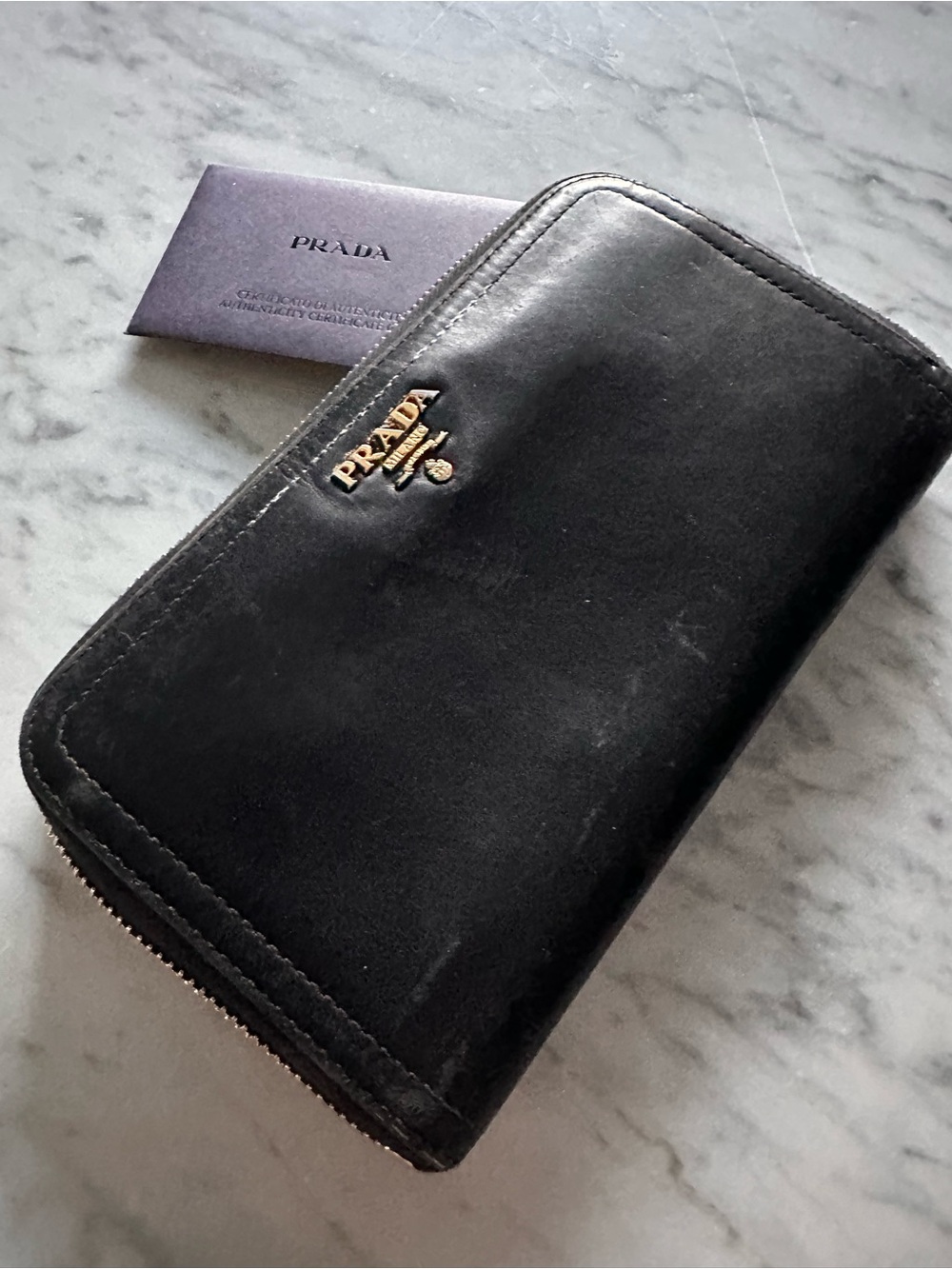 Prada Black Zip-Around Wallet with Gold Logo